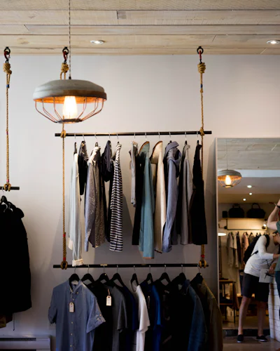 Boutique clothing racks under pendant lights