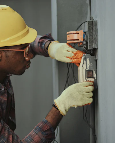 A technician in a hard hat wires a wall-mounted unit