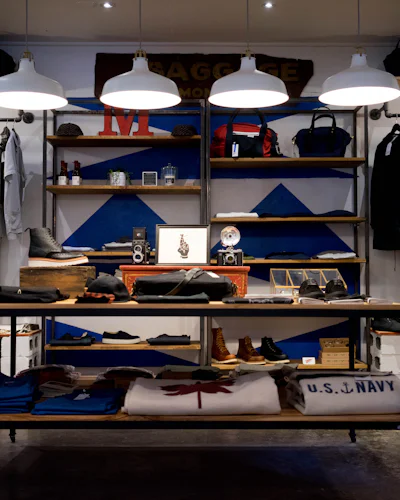 A menswear shop floor with stocked racks and shelves