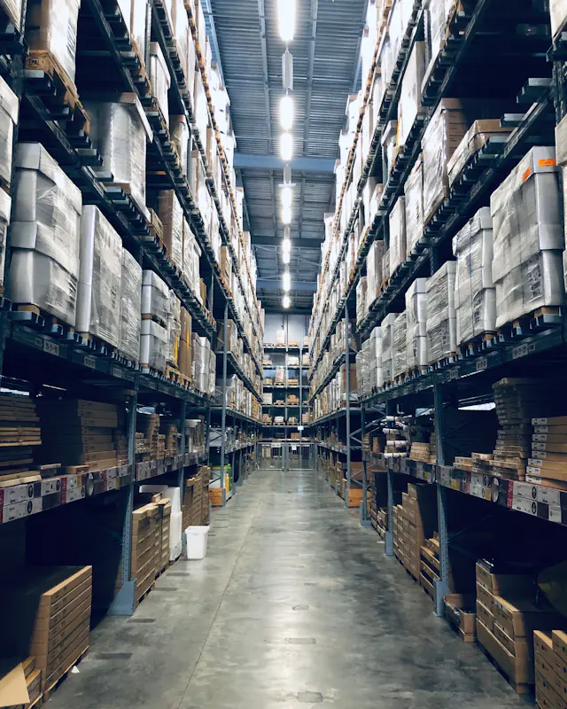 A tall warehouse aisle stacked with wrapped pallets